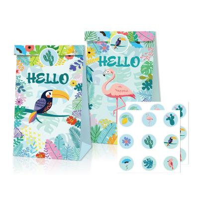 China Paper Bags Huancai Hawaii Summer Good Morning Gifts Bags Toucan Design 12 Pcs Kraft Paper Bags Kids Birthday Gift Candy Bag With Stickers for sale