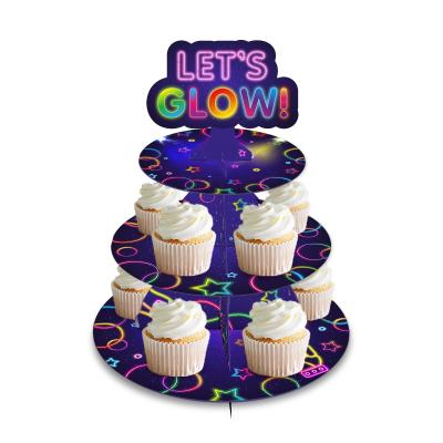 China Huancai Disposable Let Us Glow Cake Stand Black Dark Gold 3 Tier Cupcake Stand Holder Party Decorations For Birthday Glow Party Supplies for sale