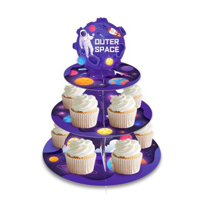 China Huancai Outer Space Theme Cake Stand Galaxy 3 Tier Disposable Cupcake Stand Kids Birthday Party Decorations for Baby Shower Party Supplies for sale