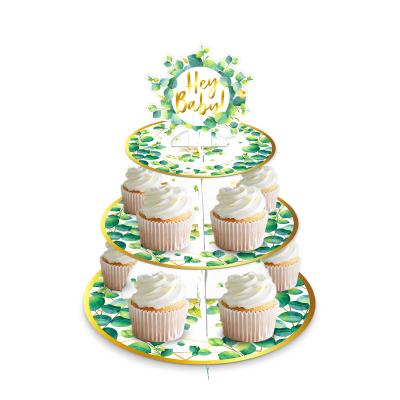 China Huancai Hey Eucalyptus Greenery Cake Stand 3 Tier Baby Cupcake Stand Disposable Party Decorations for Baby Shower Birthday Party Supplies for sale