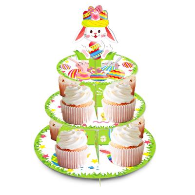 China Huancai Easter Theme Cake Stand 3 Tier Bunny Egg Design Cupcake Holder Disposable Spring Party Decorations For Easter Party Supplies for sale