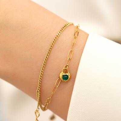 China Milliedition Personality Environmental Friendly 18k Gold Plated Link Chain Jewelry Heartlock Stainless Steel Double Layer Key Bracelets for sale