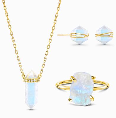 China New Design Environmental Friendly Moonstone Long Milliedition Stainless Steel Necklace Studs Ring With Bridal Colorful Crystal Earrings Jewelry Sets for sale