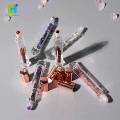 China Personal Care 5Ml 10Ml 15Ml Empty Cosmetic Packaging Glass Gemstone Infused Essential Oil Bottle for sale