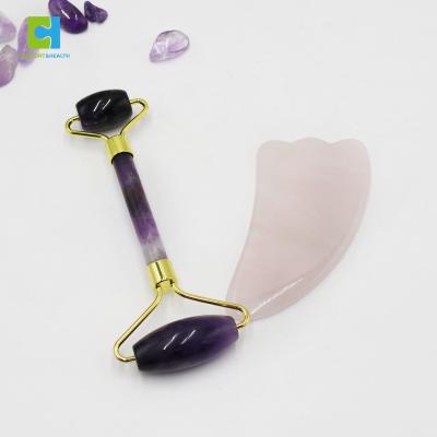 China Custom Logo Mini Anti Aging Skin Face Lift Facial Roller Massage Jade Roller Face Gua Sha Set for sale