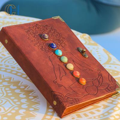 China Premium Quality Eco-friendly Paper Medieval Chakra Stone Embossed Journal Crystal Notebook Genuine Leather for sale