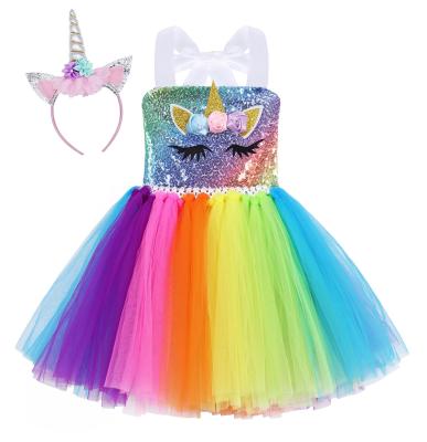 China Dalesell Rainbow Washable Sequin Unicorn Dress Halloween Girl Tutu Skirt Alien Style Yarn Comfy Puffy Dress for sale