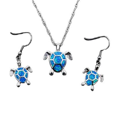 China TRENDY Fast Shipping Blue Fire Opal Sea Turtle Summer Hawaiian Jewelry Earring + Pendant Necklace Jewelry Set For Retail And Wholesale for sale