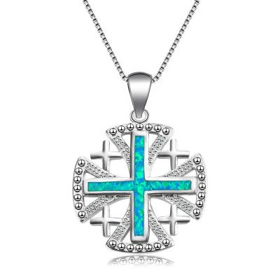 China TRENDY Religious Christian S925 Sterling Silver Jewelry Black Gold Plated Cross Opal Pendant Necklace For Wholesale for sale