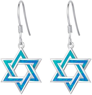 China 925 Sterling Silver Blue Fire Opal Star Of David Jewish JUDAISM Religion Earrings Jewelry for sale