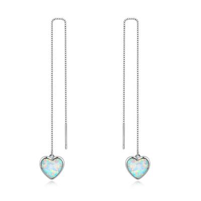 China Trendy Fashion 925 Sterling Silver Heart Shape Opal Dangle Line Drop Earrings White Gold Plated Ear Jewelry For Lady for sale