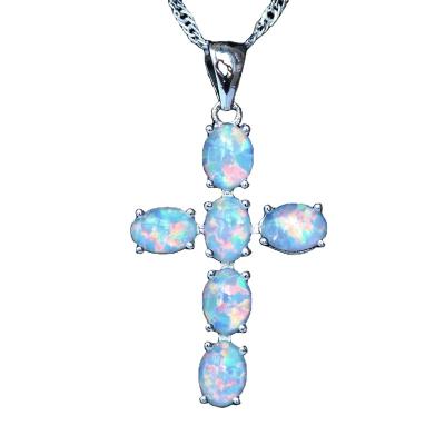 China Fast Shipping Cute Christian Religious Elegant White/Fire Blue Opal Cross Pendant Necklace for sale