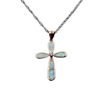 China Christian Rose Gold Plated White Fire FASHIONABLE Opal Cross Pendant Religious Necklace for sale