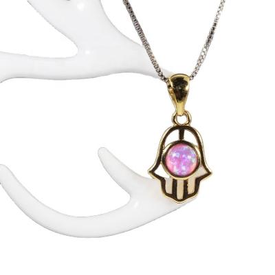 China TRENDY Religious Jewelry 18 K Gold Plated Judaism Hand Hamsa Fire Opal Pendant Necklace Jewish Gift for sale