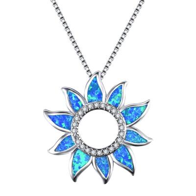 China Cute New Arrival The Sun Flower Blue / White Fire Opal Pendant Necklace With CZ Stones for sale