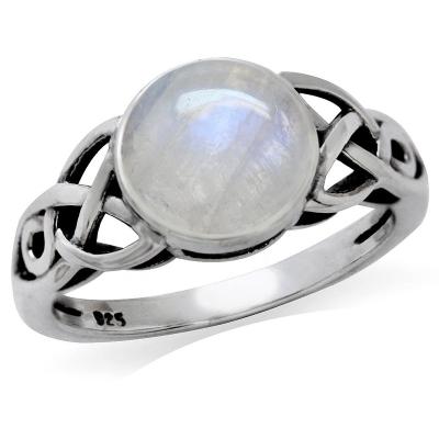 China TRENDY Natural Round 8mm Shape Moonstone 925 Sterling Silver Triquetra Celtic Knot Solitaire Ring for sale