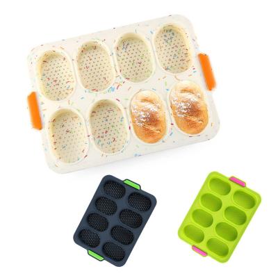 China Mini Loaf Tray Cake Mold Handle Pan French Bread Baking Mold Wand Nonstick Viable 8 Cavities Soft Silicone Perforated Pastry Bake Tool for sale