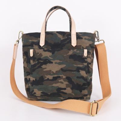 China CHANGRONG CUSTOM Heavy Duty Custom Classic Vintage Durable Camouflage Printed Pattern Leather Handle Waxed Cotton Canvas Tote Bag for sale