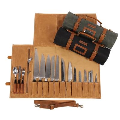 China CHANGRONG Custom 16 Pockets Canvas Waterproof Waxed Material Genuine Leather Chef Knife Roll Bag for sale