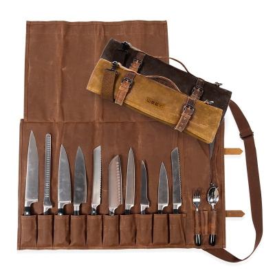 China CHANGRONG Custom Multi-Functions Custom Canvas Leather Folding Professional Handmade Waxed Heavy Duty Chef Cooking Knife Bag for sale