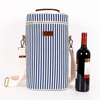 China CHANGRONG Waterproof Custom Striped Canvas Insulated 2 Bottle Wine Carrier Bag Travel Insulated Wine Carry Cooler Tote With Handle for sale