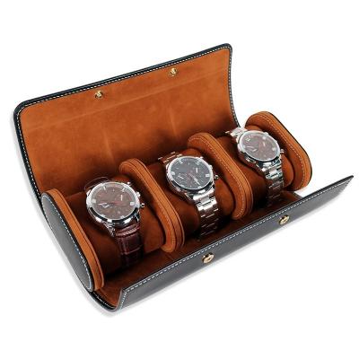 China Custom Luxury Genuine Leather Rounded 3 Slot Portable Watch Storage Case for sale