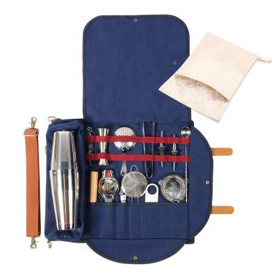 China Durable Custom Bartender CHANGRONG Canvas Travel Kit 15 Pieces Tool Bag Bartender Sets With Cocktail Shaker for sale