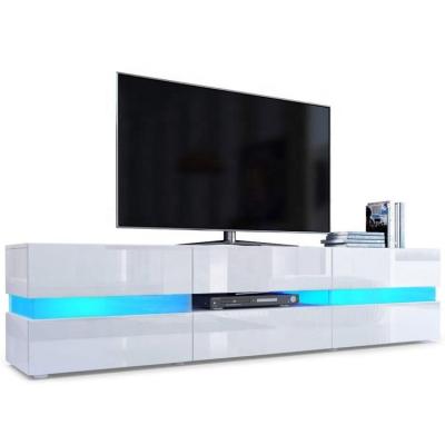 China Customization Wholesale High Gloss Blue Led Light White TV Stands Design Tempered Glass Wooden TV Showcase For Living Room Furniture for sale