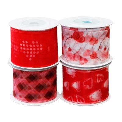 China Valentine's Day Heart Organza Ribbon 3.5cm for High Tenacity Christmas Decoration for sale