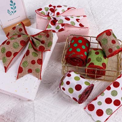 China 63mm Wire Edge Burlap Ribbon Polk Dot Christmas Decorate Ideal for Festive Decoration for sale