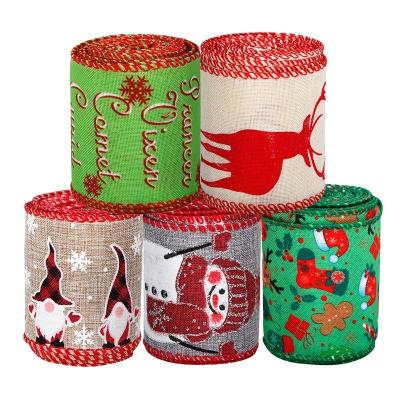 China Fabric Type Burlap Ribbon Wired Holiday Ribbon Christmas Decoration Ready Made Printed for sale