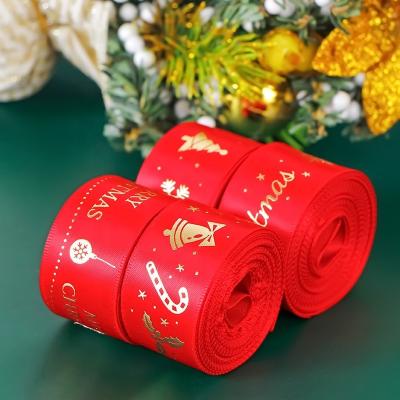 China 100% Polyester Red Ribbon With Gold Christmas Pattern For Holiday Decoration MSD Ribbon for sale