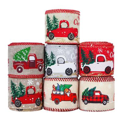 China 2.5 Inch Vintage Red Truck Christmas Wired Edge Ribbons for Fabric Christmas Wrapping for sale