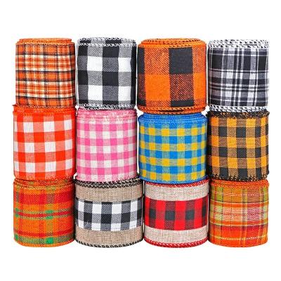 China Stoftype Burlap Kerst Buffalo Plaid Wired Edge Ribbon Multi-Color Plaid Ribbon Te koop