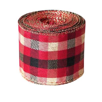 China 57mm Wired Edge Burlap Ribbon Gingham Burlap Ribbon Holiday Decorative Burlap Ribbon for sale