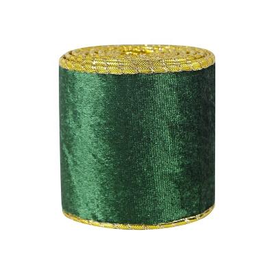 China Christmas Gift Decoration Velvet Ribbon 6.3 cm Golden Wire Edge Green Color 100% Polyester for sale