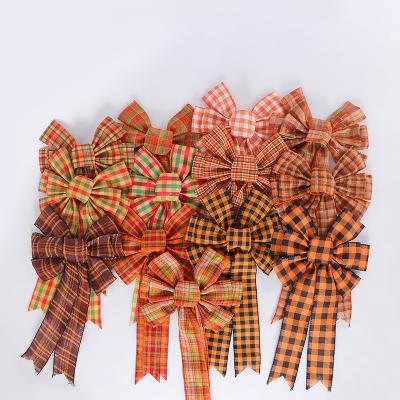 China Floral Style Polyester Ribbon Bows in Orange Plaid for Halloween Day Thanksgiving Day for sale