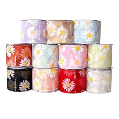 China 2 1/2 Zoll Daisy Druck Organza Band mit drahtgebundenen Rand Probe kostenlos auf Lager zu verkaufen