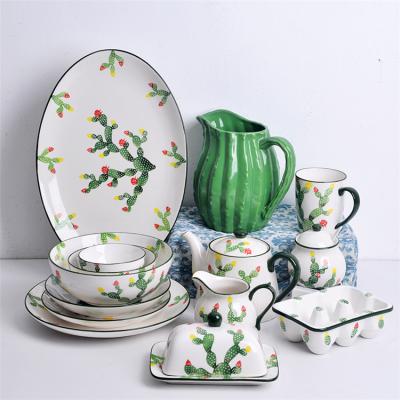 China Cactus Viable Pattern Ceramic Chinese White Dinner Set Moroccan Porcelain Dinner Set Stoneware Cactus Cups Crocery Set Tableware for sale