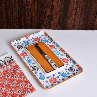 China Sustainable Eco Friendly Cheap Bamboo Rectangular Cheese Tray Board And Knife Set Tray for sale