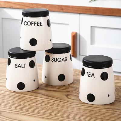 China Steamable America Kitchen Storage Coffee Tea Sugar Canister Set Polka Dot Design Ceramic Food Storage Jar With Lid for sale