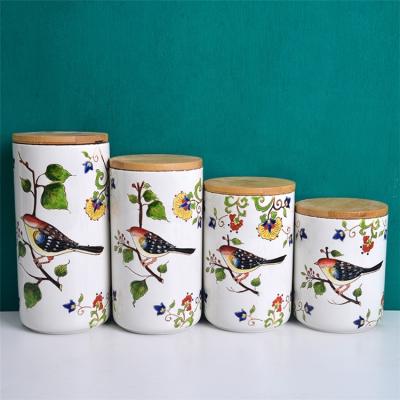 China Custom Multi Sized Steamable Kitchen Coffee Tea Container Bird Decal Vintage Porcelain Storage Jars for sale