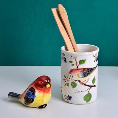 China Retro Rustic Farmhouse Cylinder Stocked Kitchen Cooking Cutlery Utensil Holder Ceramic Chopsticks Holder for sale