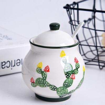 China Sustainable Wholesale Cheap Cactus Pattern Glazed Candy Sugar Jar Creamer Ceramic Jars With Spoon for sale