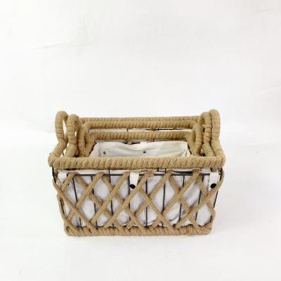 China Sustainable Set of 2 Jute Metal Rope Woven Iron Storage Baskets for Home for sale