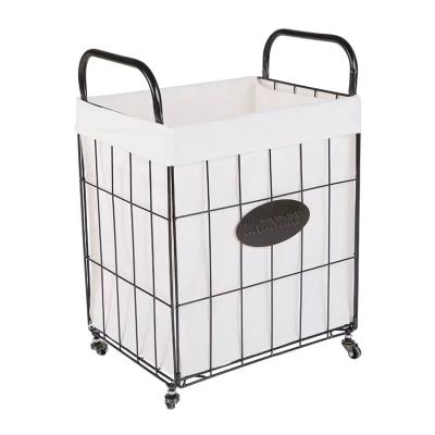 China Large Modern Rectangular Black Metal Mesh Hamper Laundry Basket with Wheels and Handles for sale