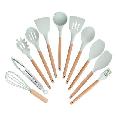 China Wholesale Viable Wooden Kitchen Utensils Silicone Handle Nonstick Spatula Set 12 Pieces Wooden Utensils With Storage Bucket Set for sale