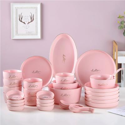 China Sustainable Porcelain Dinner Set Pink Ceramic Dinner Plate And Bowl Set for sale