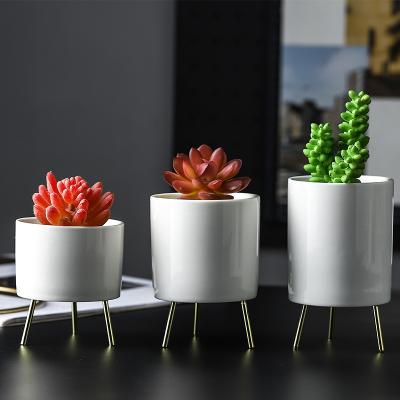 China Desktop Eco-friendly High Quality Single Ceramic Pot With Metal Stand For Succulent Plant for sale