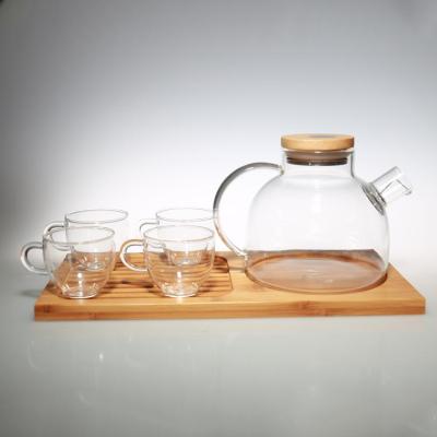 China Sustainable high quality handblown 6pcs Borosilicate glass heat resistant teapot set with strainer and bamboo tray for sale